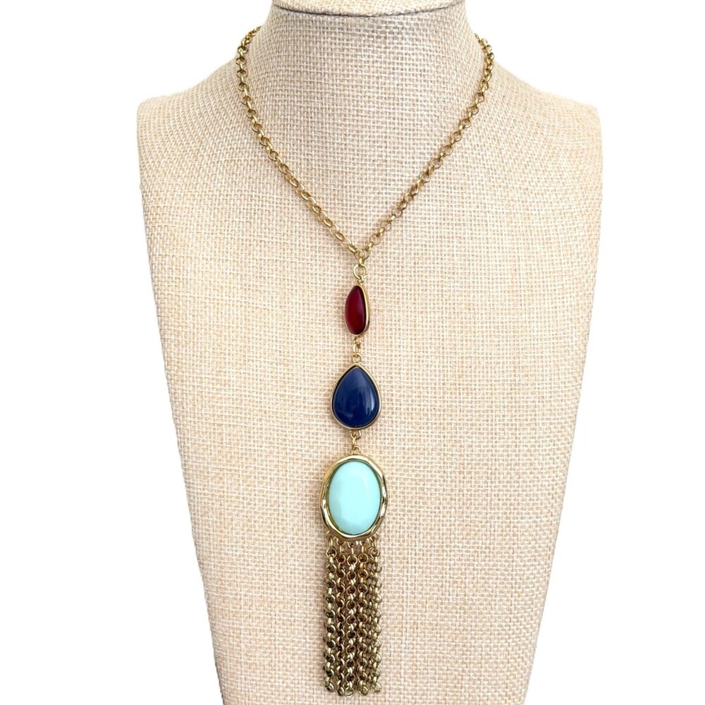 Gold Tone Multi Color Faux Stone Chain Tassel Y Drop Pendant Necklace